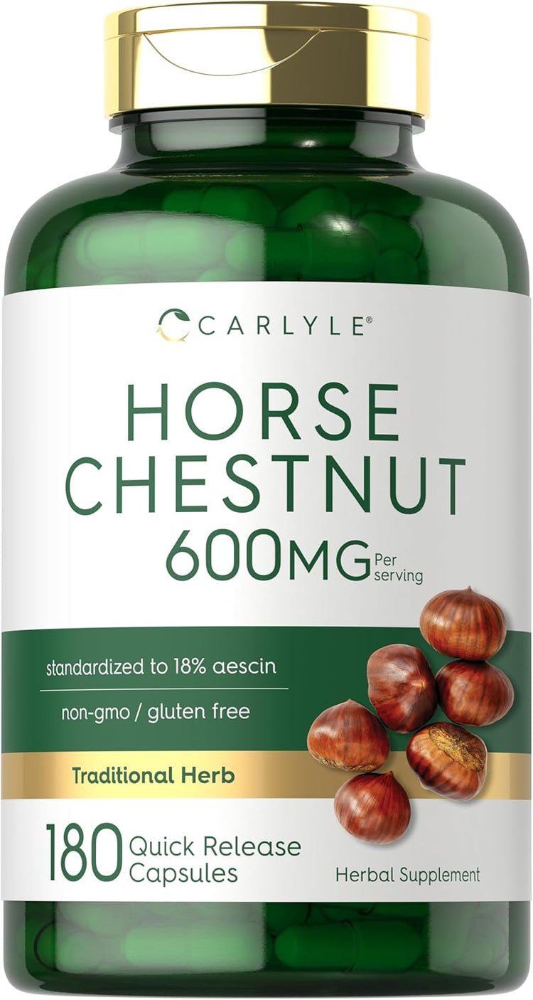Horse Chestnut 600mg per serving with 180 capsules, standardized to 18% aescin, non-gmo and gluten-free.