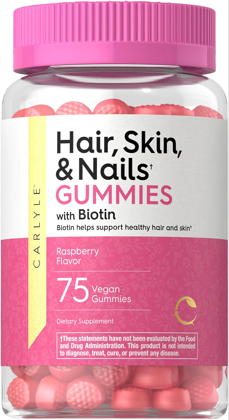 Carlyle Hair, Skin, & Nails Gummies with Biotin, Raspberry Flavor, 75 Vegan Gummies, dietary supplement in a clear bottle.