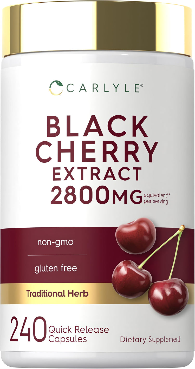 Black Cherry Extract with 2800mg equivalent per serving, in 240 non-GMO, gluten-free capsules, a traditional herb supplement.