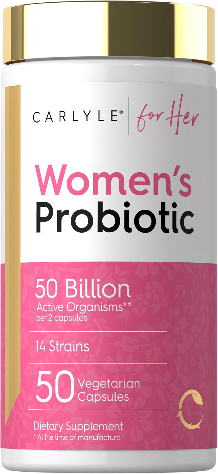Carlyle for Her Women's Probiotic with 50 billion active organisms per 2 capsules, 14 strains, 50 vegetarian capsules.