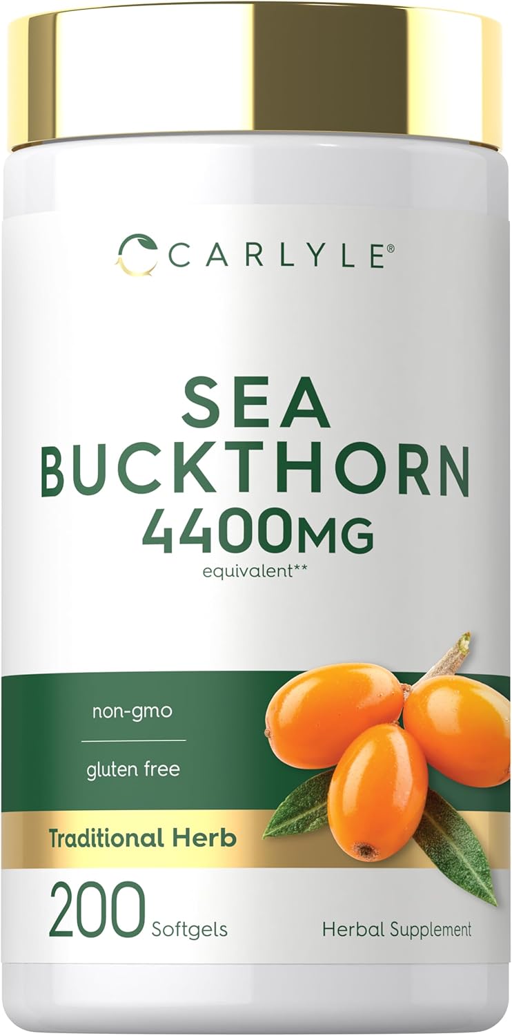 Carlyle Sea Buckthorn 4400MG equivalent, 200 Softgels. Non-GMO, gluten-free, traditional herb, and herbal supplement.