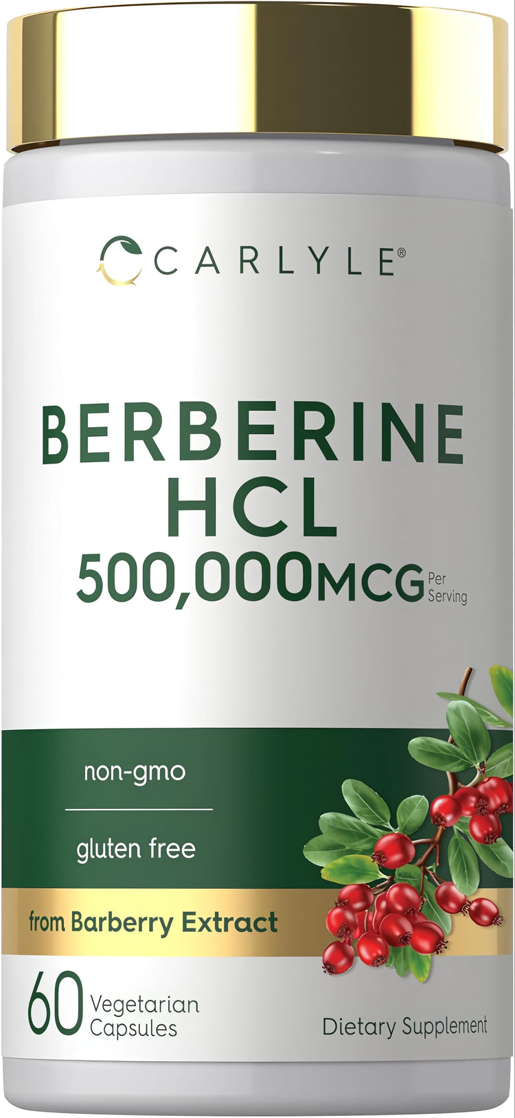 Carlyle Berberine HCL supplement, 500,000MCG per serving, 60 vegetarian capsules, non-GMO, gluten-free, from Barberry Extract.