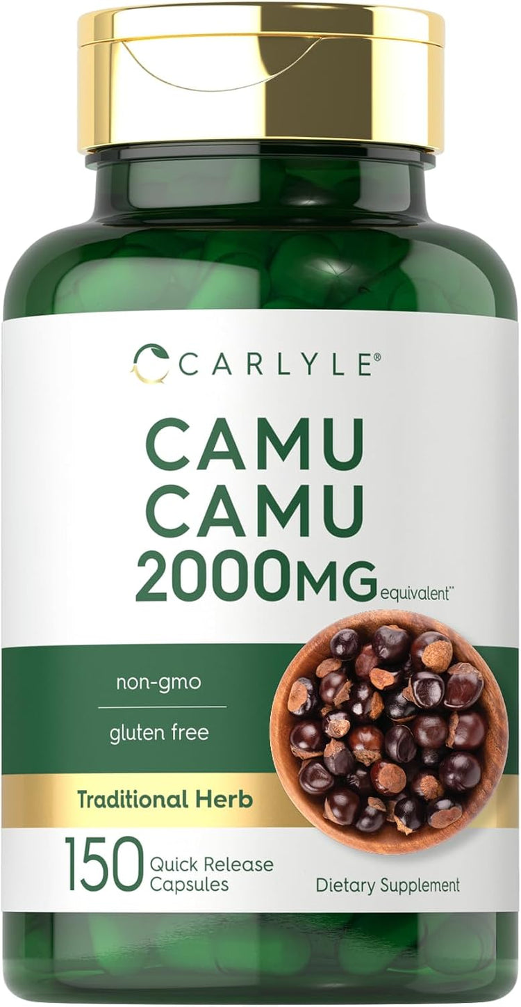 Camu Camu 2000mg equivalent in 150 quick-release capsules in a bottle.