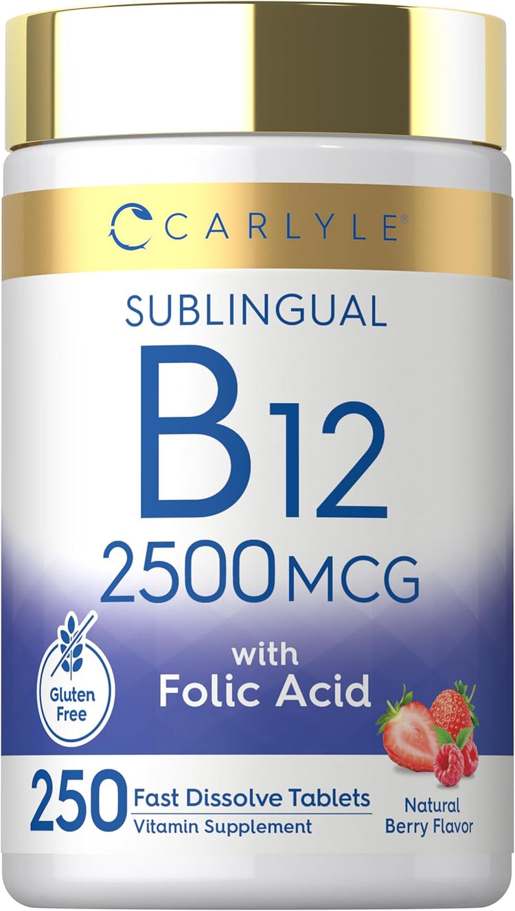Carlyle Sublingual B12 2500 MCG with Folic Acid, 250 Fast Dissolve Tablets in Natural Berry Flavor.