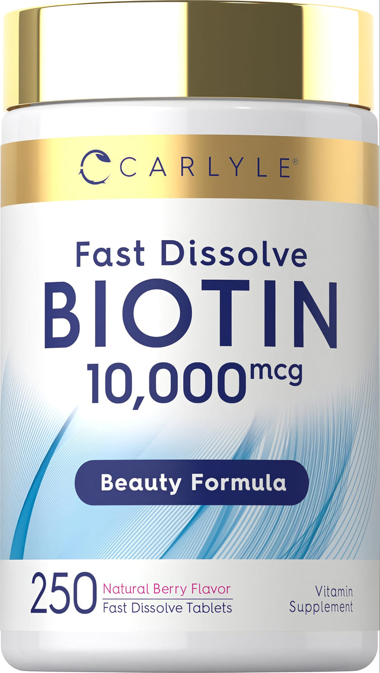 Carlyle Fast Dissolve Biotin 10,000 mcg in natural berry flavor, with 250 fast dissolve tablets.