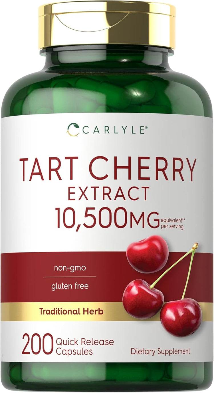Carlyle Tart Cherry Extract features 10,500MG equivalent per serving in 200 Quick Release Capsules. Non-GMO, Gluten-Free.