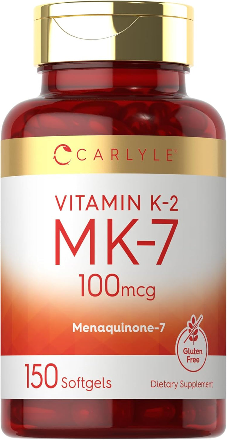 Carlyle Vitamin K-2 MK-7 100mcg bottle containing 150 softgels.