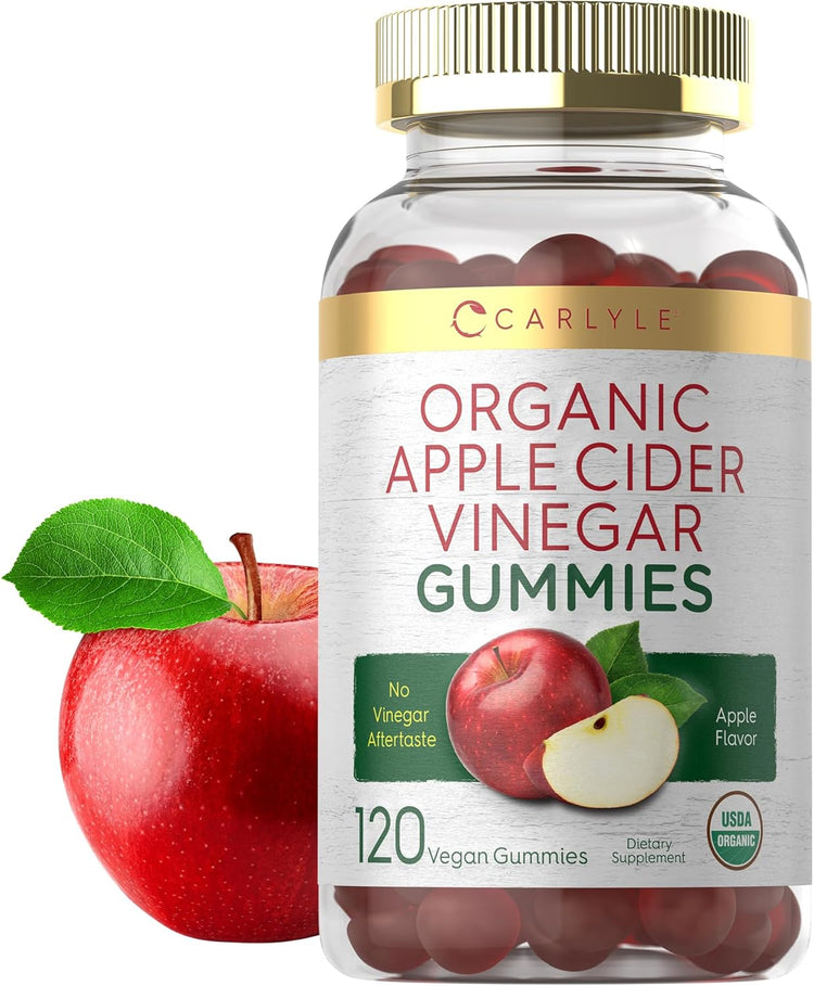 Carlyle Organic Apple Cider Vinegar Gummies, 120 vegan gummies with no vinegar aftertaste. USDA Organic, apple flavor.