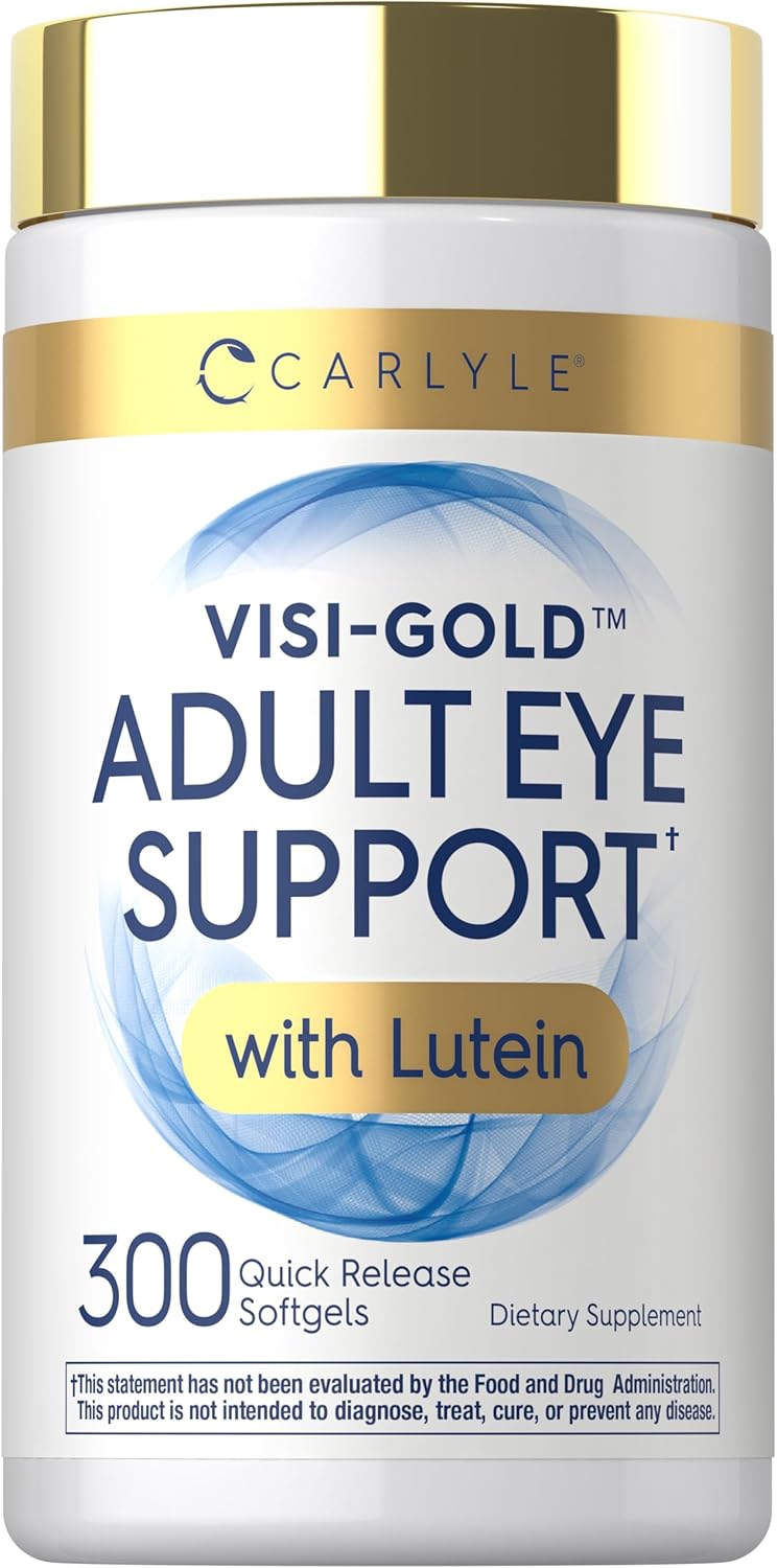 Carlyle Visi-Gold Adult Eye Support with Lutein, featuring 300 quick release softgels as a dietary supplement.