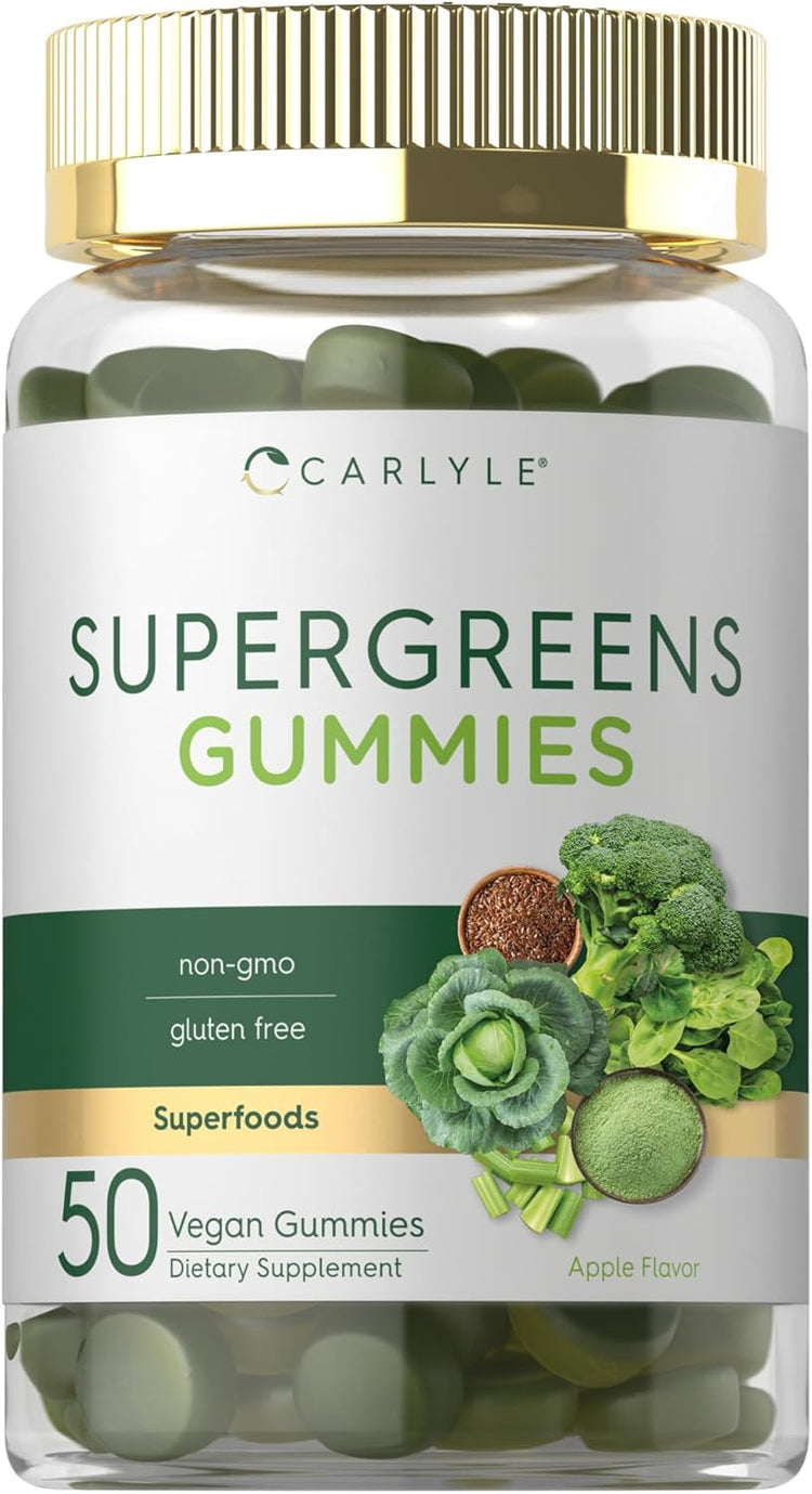 Carlyle Supergreens 50 Vegan Gummies, a dietary supplement, are non-GMO, gluten-free, and apple flavored.