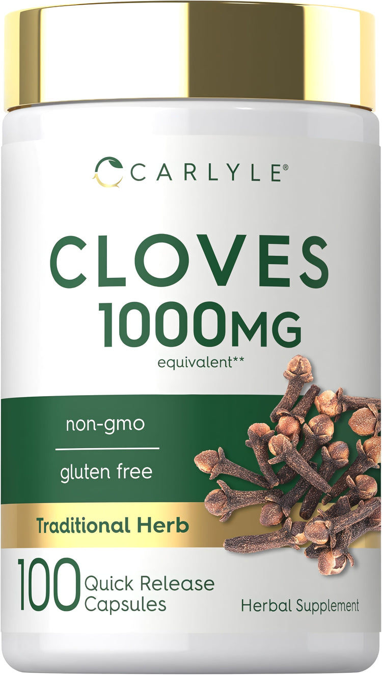 Cloves 1000 mg equivalent, 100 quick-release capsules, non-GMO, gluten-free, traditional herb supplement.