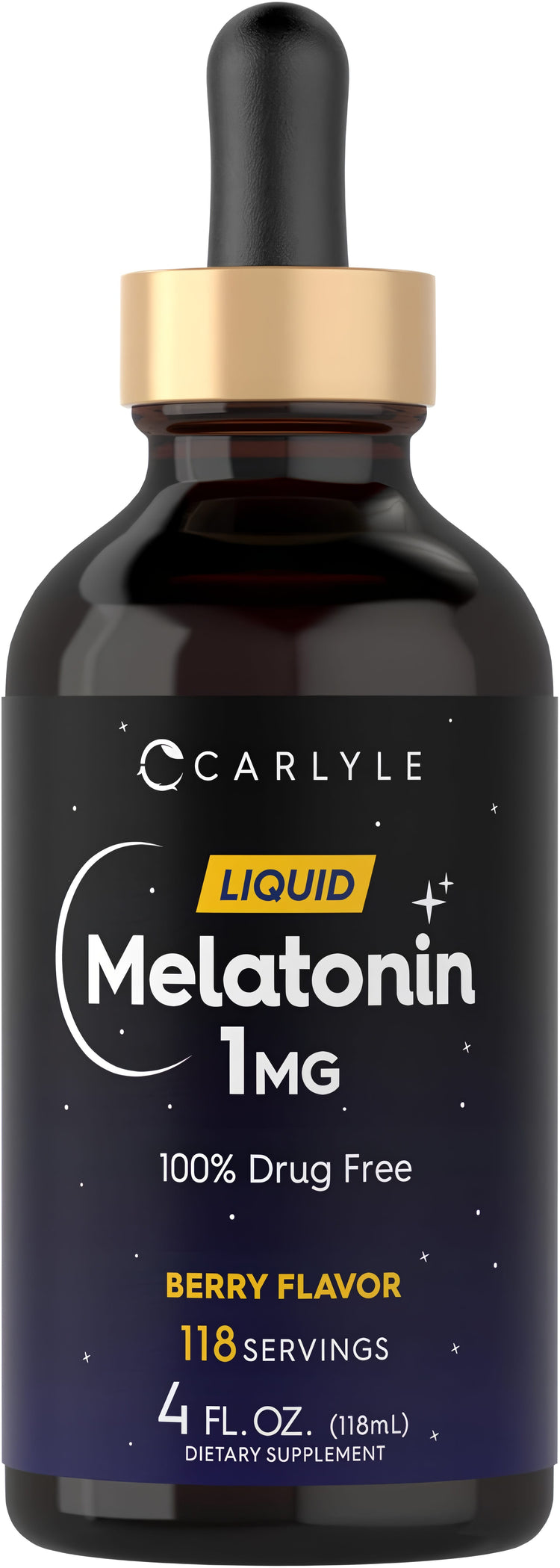 Liquid Melatonin 1MG, Berry Flavor, 118 Servings, 4 fl. oz. (118mL) in a dropper bottle.