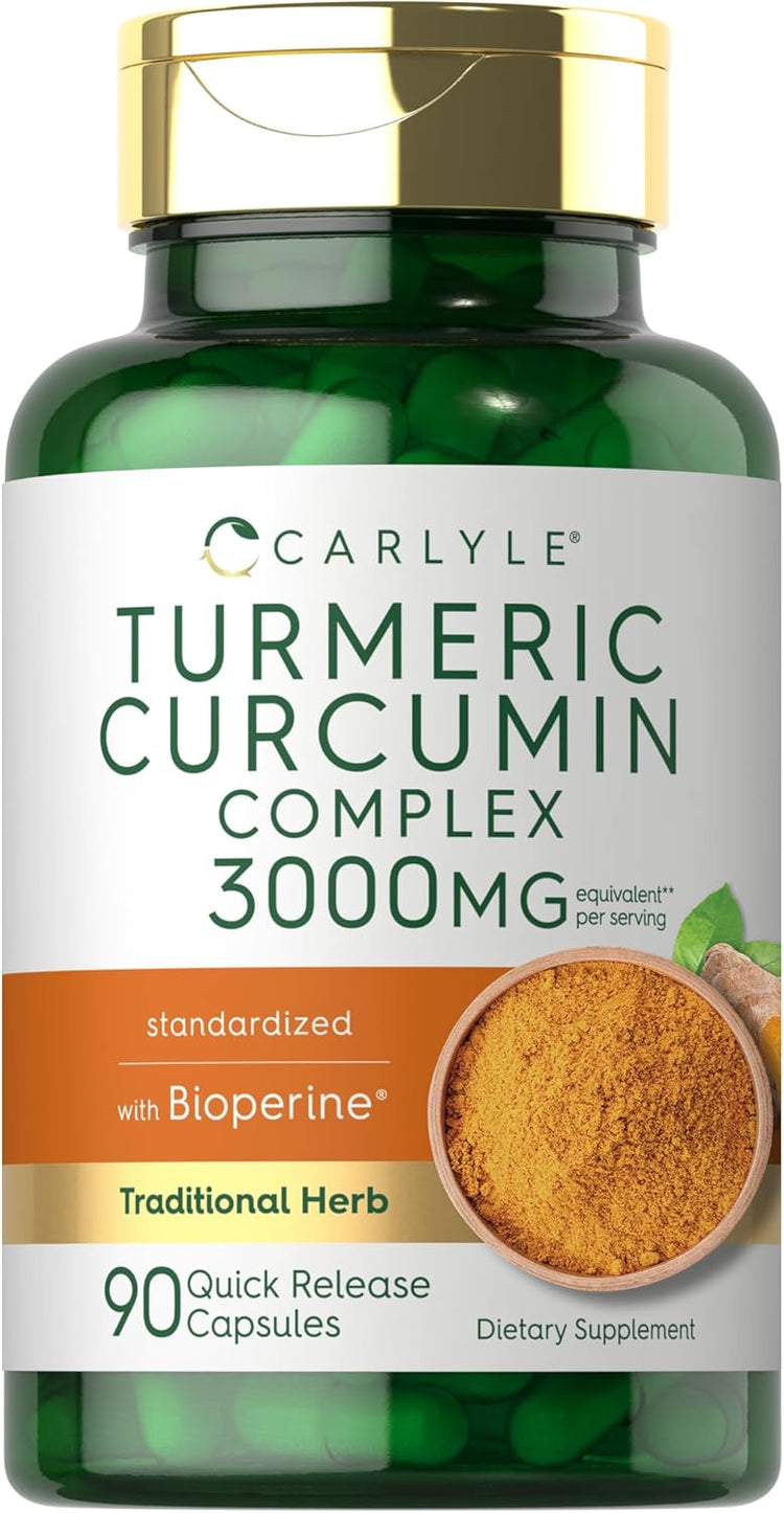 Carlyle Turmeric Curcumin Complex 3000MG with Bioperine, 90 quick release capsules.