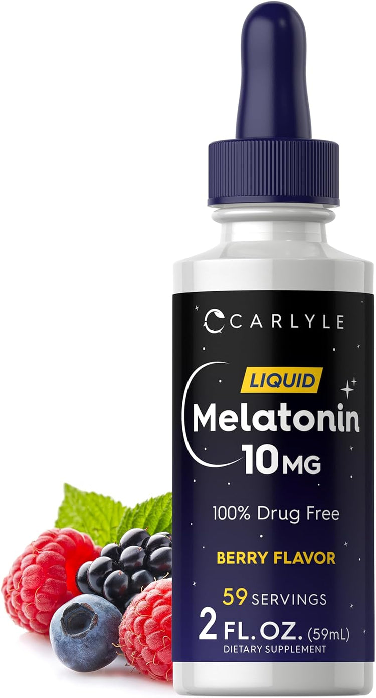 CARLYLE Liquid Melatonin 10 MG, 100% Drug Free, Berry Flavor, 59 Servings, 2 FL. OZ. (59mL) Dietary Supplement bottle with berries.