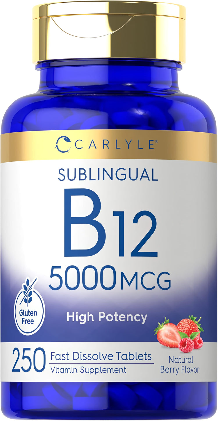 Carlyle Sublingual B12 5000 MCG, Gluten Free, High Potency, 250 Fast Dissolve Tablets, Vitamin Supplement, Natural Berry Flavor.