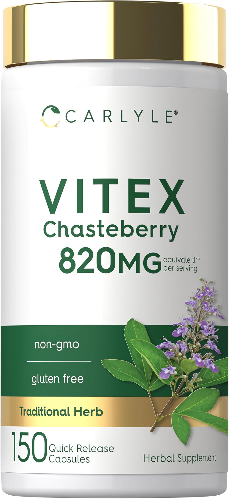 Carlyle Vitex Chasteberry supplement with 150 capsules of 820 mg each, featuring quick release for optimal effectiveness.