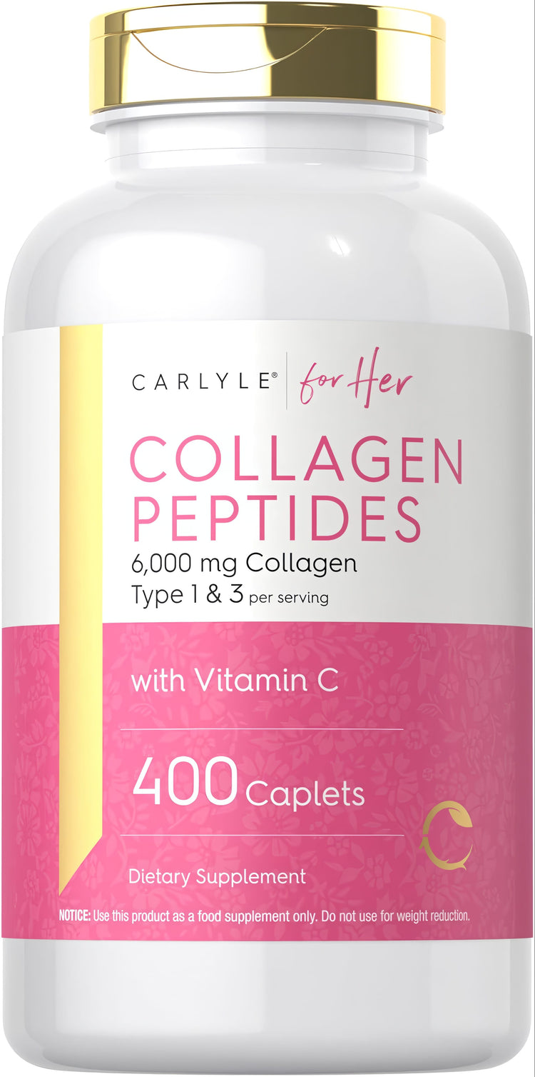 Carlyle for Her Collagen Peptides with 6,000 mg Collagen Type 1 & 3 and Vitamin C in 400 caplets.