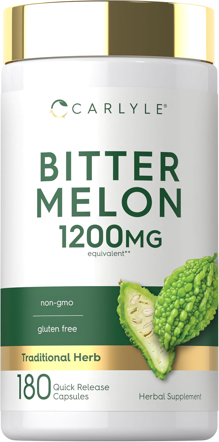 Carlyle Bitter Melon 1200MG equivalent, 180 quick release capsules, non-GMO, and gluten-free.