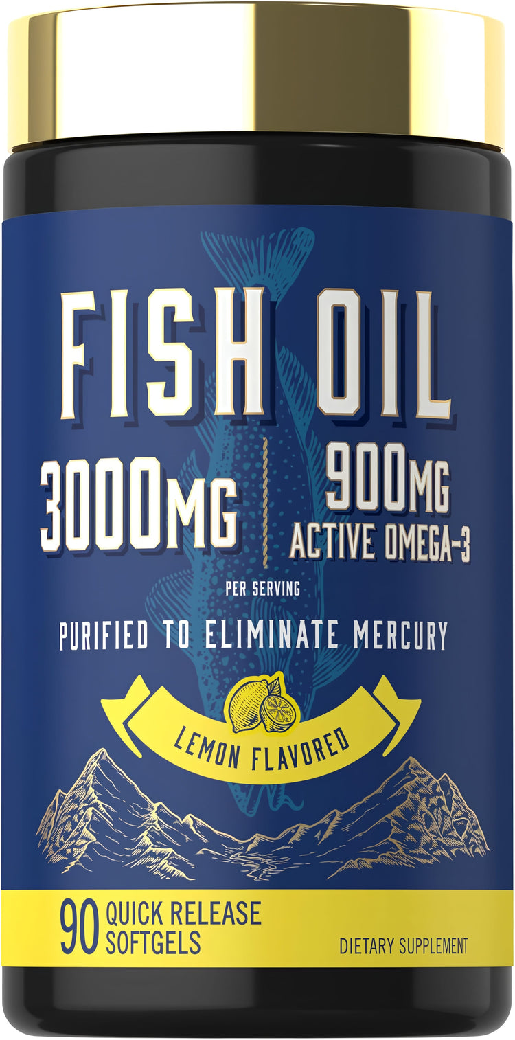 Fish Oil 3000mg with 900mg Omega-3, purified to remove mercury, lemon flavored, 90 Quick Release Softgels.