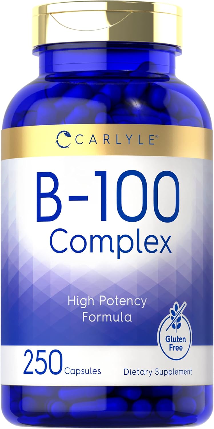 Carlyle B-100 Complex 250 Capsules, high potency formula, gluten free, dietary supplement in a bottle.