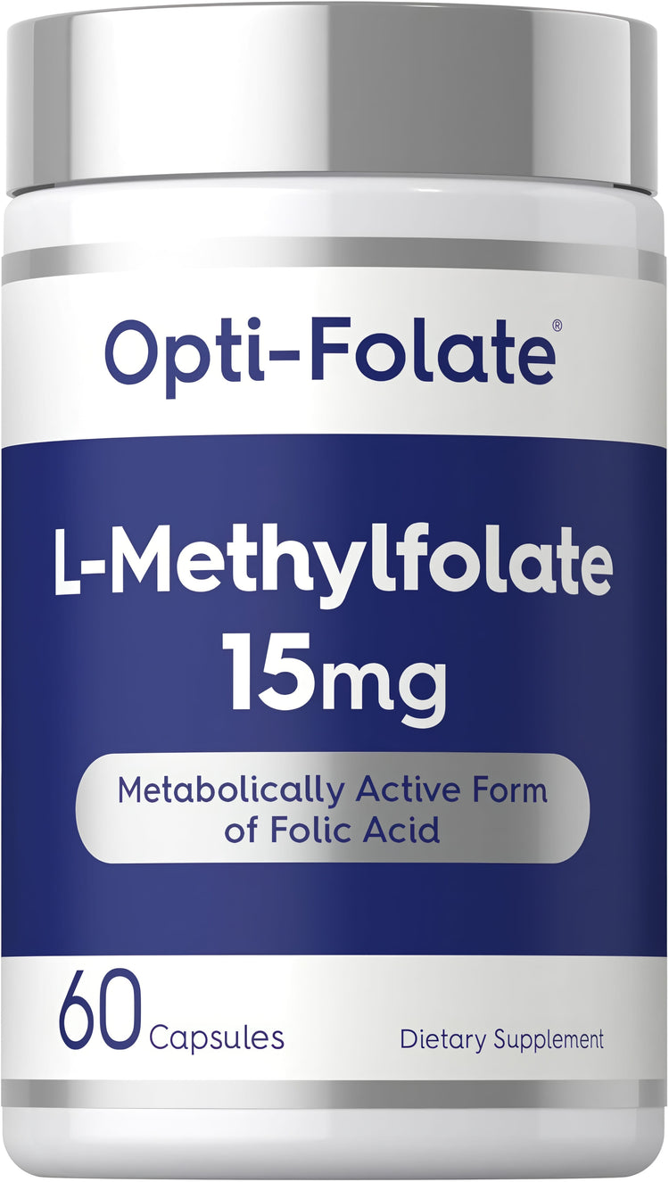 Opti-Folate L-Methylfolate 15mg, a metabolically active form of folic acid, in a bottle of 60 capsules dietary supplement.