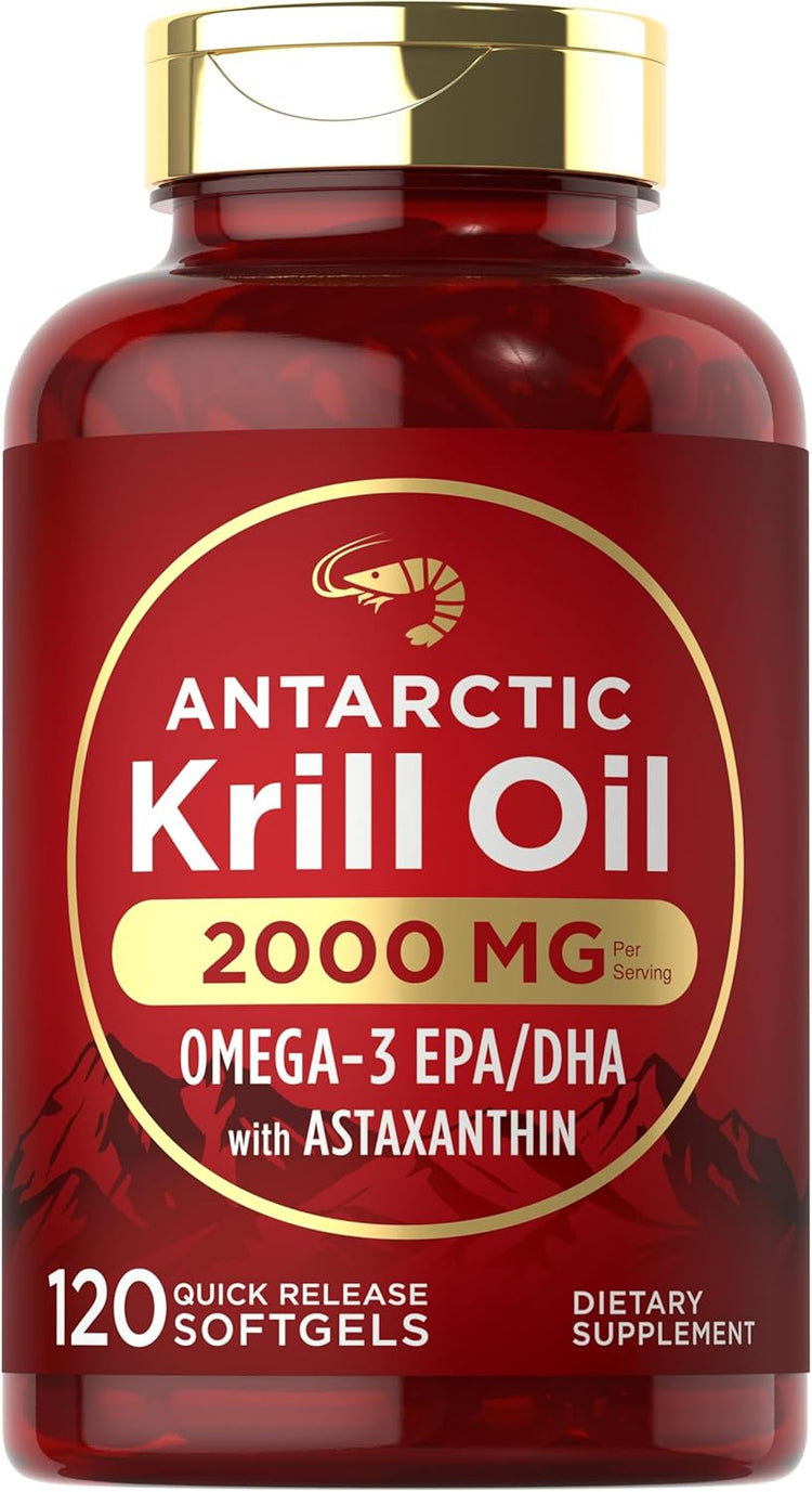 Antarctic Krill Oil 2000 mg per serving, Omega-3 EPA/DHA with astaxanthin, 120 quick release softgels, dietary supplement.