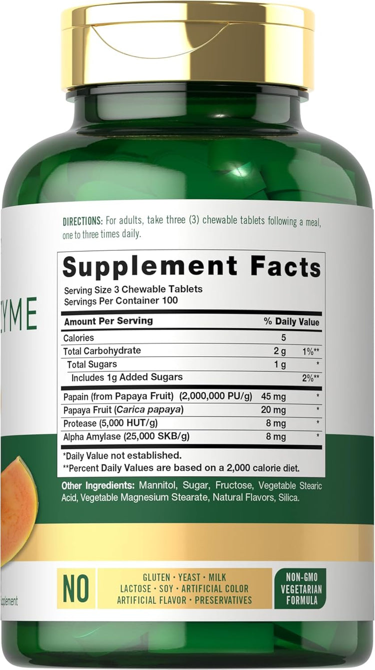 Supplement Facts panel for Carlyle Papaya Enzyme Chewable Tablets 300 Tabs displayed on bottle.