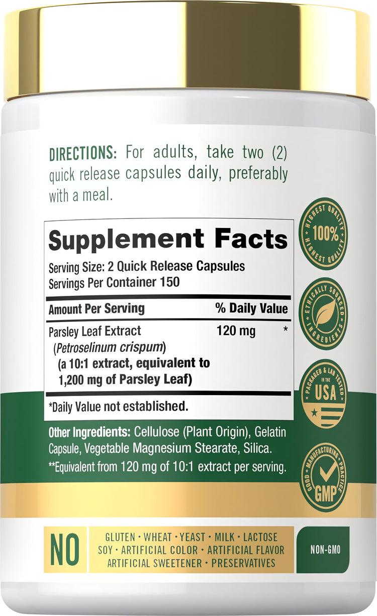 Supplement Facts panel for Carlyle Parsley Leaf 1200 mg, 300 capsules.