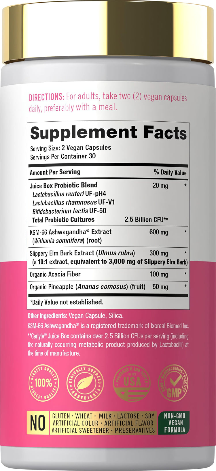 Supplement Facts panel for Juice Box Vaginal Moisture with 60 capsules.