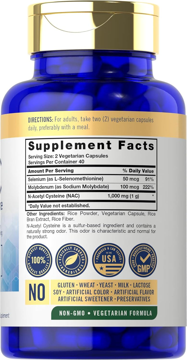 Carlyle NAC 1000mg with Selenium and Molybdenum, 80 vegetarian capsules bottle.