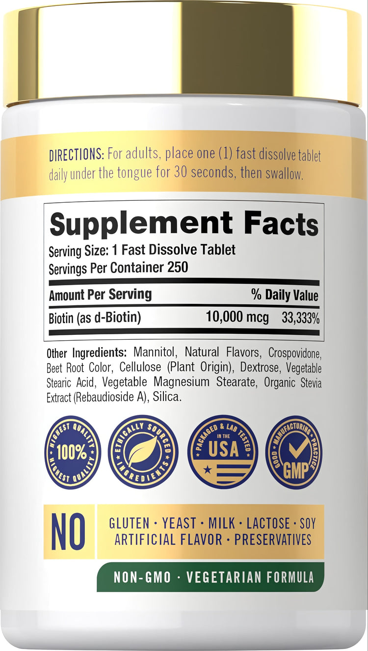 CL Biotin 10,000 mcg Fast Melt 250 tablets bottle showing the back label with supplement facts.