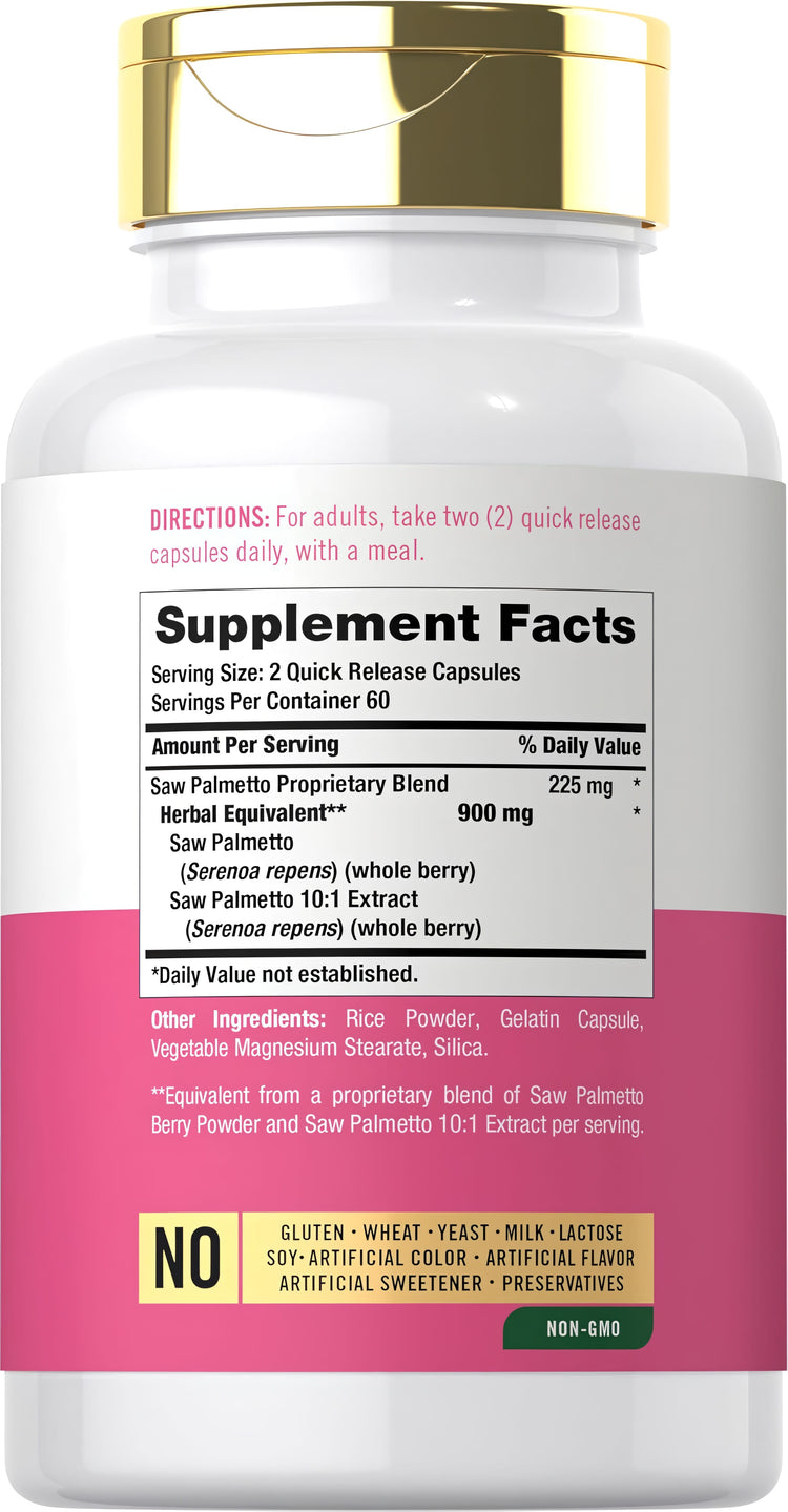 Supplement Facts panel for Carlyle Saw Palmetto 900mg (450mg x 2) For Women, 120 Capsules.
