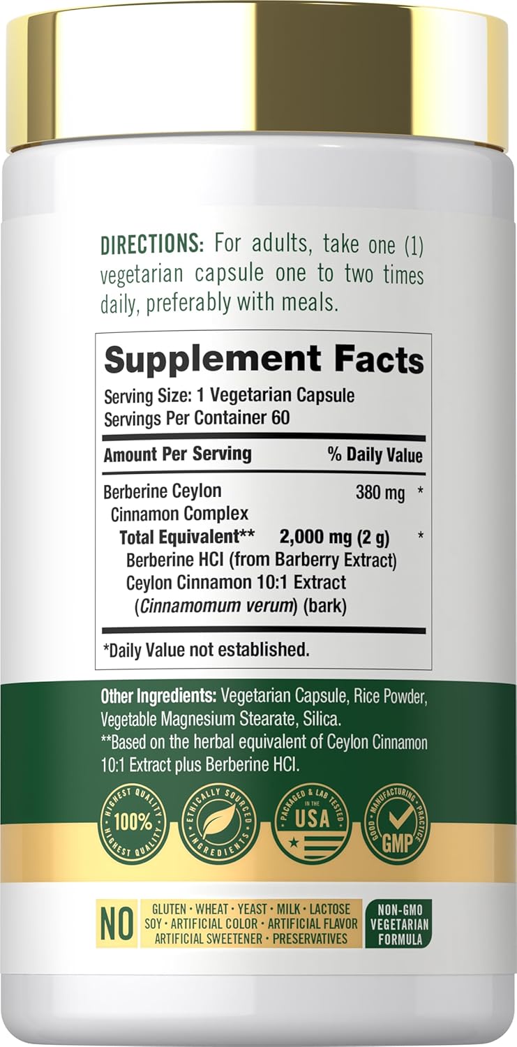 Carlyle Berberine+Ceylon Cinnamon 2000mg 60 Vegetarian Capsules back label shows Supplement Facts, Directions, and claims.