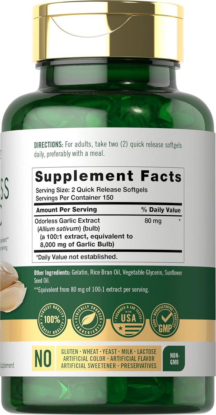 Carlyle Odorless Garlic 8,000mg, packaged as 2x4,000mg, with a total of 300 softgels, displayed on product packaging.