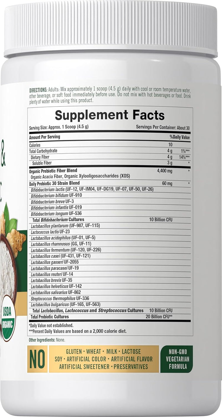 Supplement Facts panel for Organic Daily Probiotic 20 Bil + Pre Powder 4.76 oz, detailing product contents.