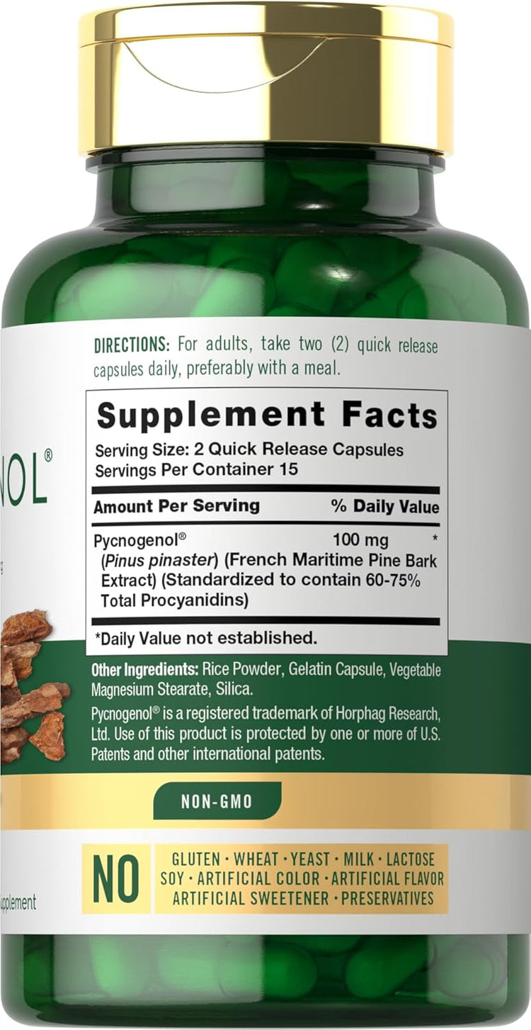 Carlyle Pycnogenol 100 mg bottle containing 30 capsules shown.