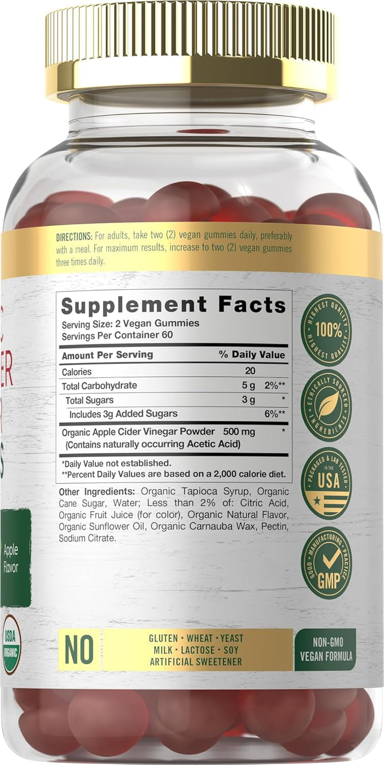 Carlyle Org Apple Cider Vinegar Gummies, 120 ct, apple flavor. Non-GMO, vegan formula. No gluten, wheat, milk, lactose, or soy.