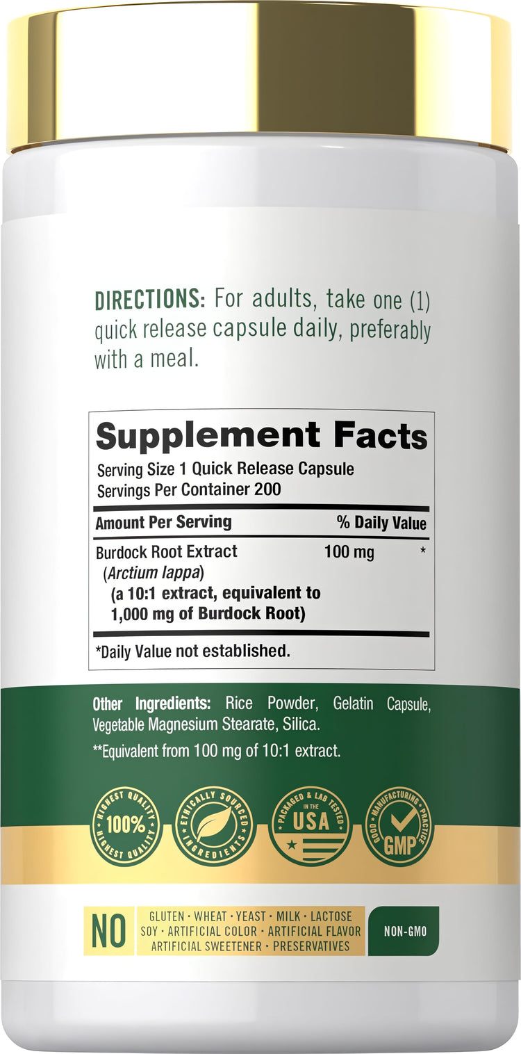Supplement Facts panel for Carlyle Burdock Root 1000 mg Capsules, 200 count.
