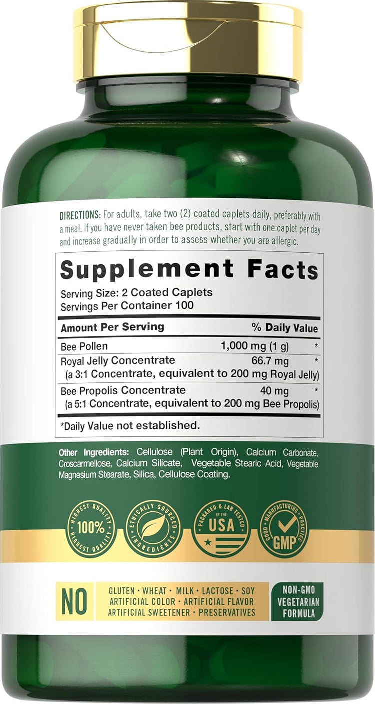 Carlyle Bee Pollen 1000 mg and Royal Jelly 200 CC Coated Caplets, 200 Count bottle.