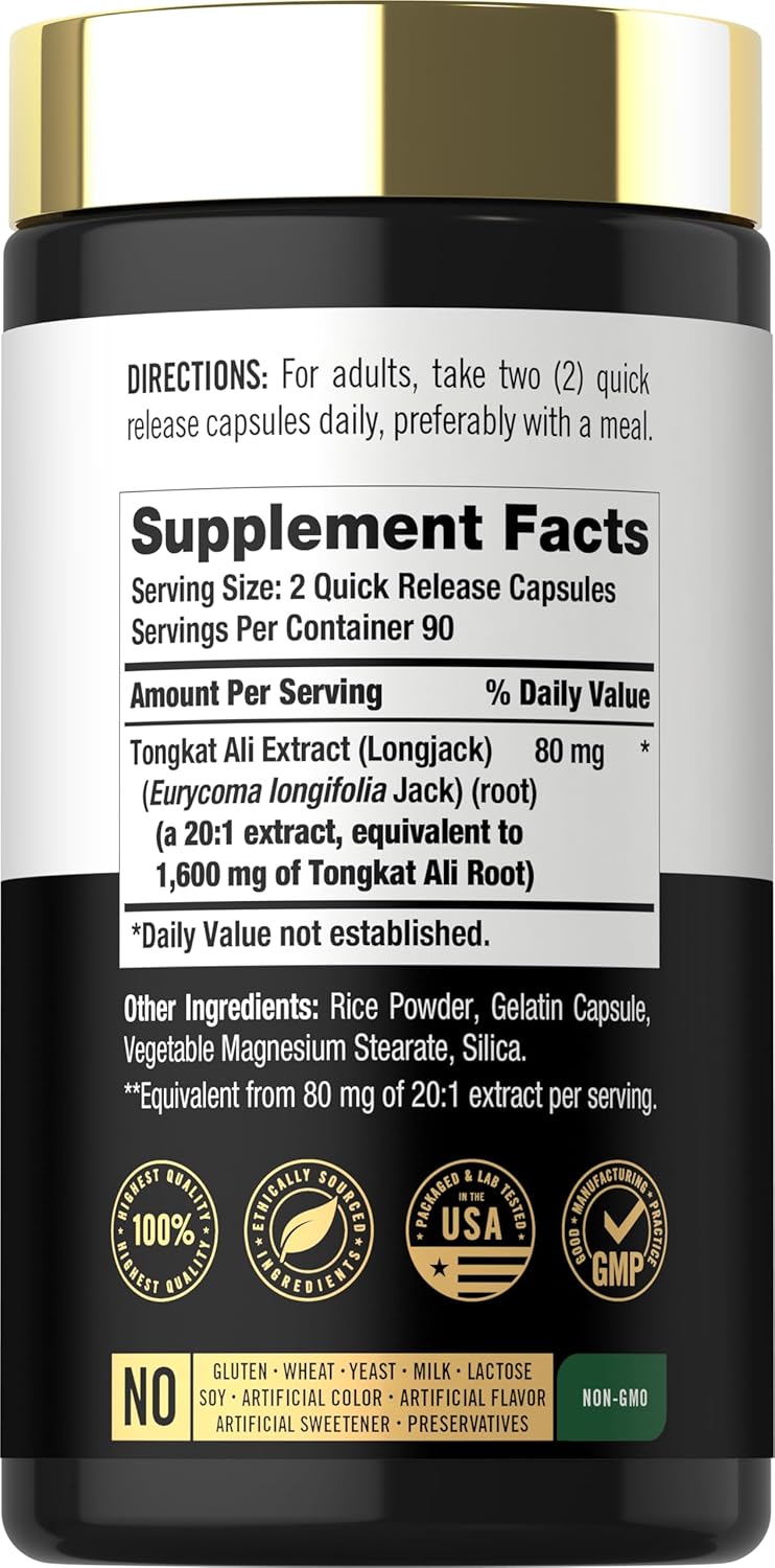 Supplement Facts panel for Carlyle Tongkat Ali 1600 mg, containing 180 capsules.
