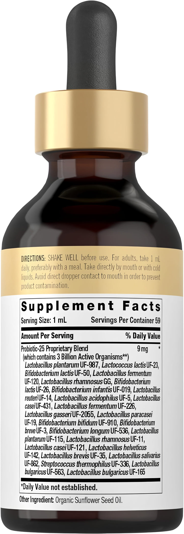 Supplement Facts panel for Doctors Way Liquid Probiotic, containing 3 billion CFU per ml, in a 2 fl oz bottle.