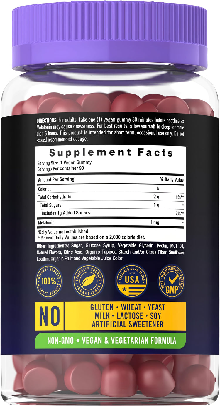 Melatonin Gummy bottle with icons indicating: NO Gluten, Wheat, Yeast, Milk, Lactose, Soy, Artificial Sweetener; Non-GMO, Vegan.