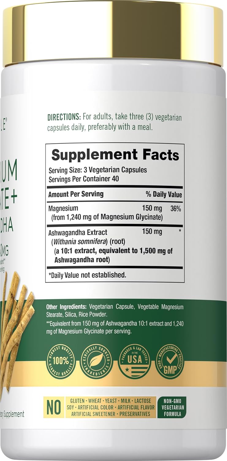 Carlyle Magnesium Glycinate with Ashwagandha, 120 vegetarian capsules bottle.