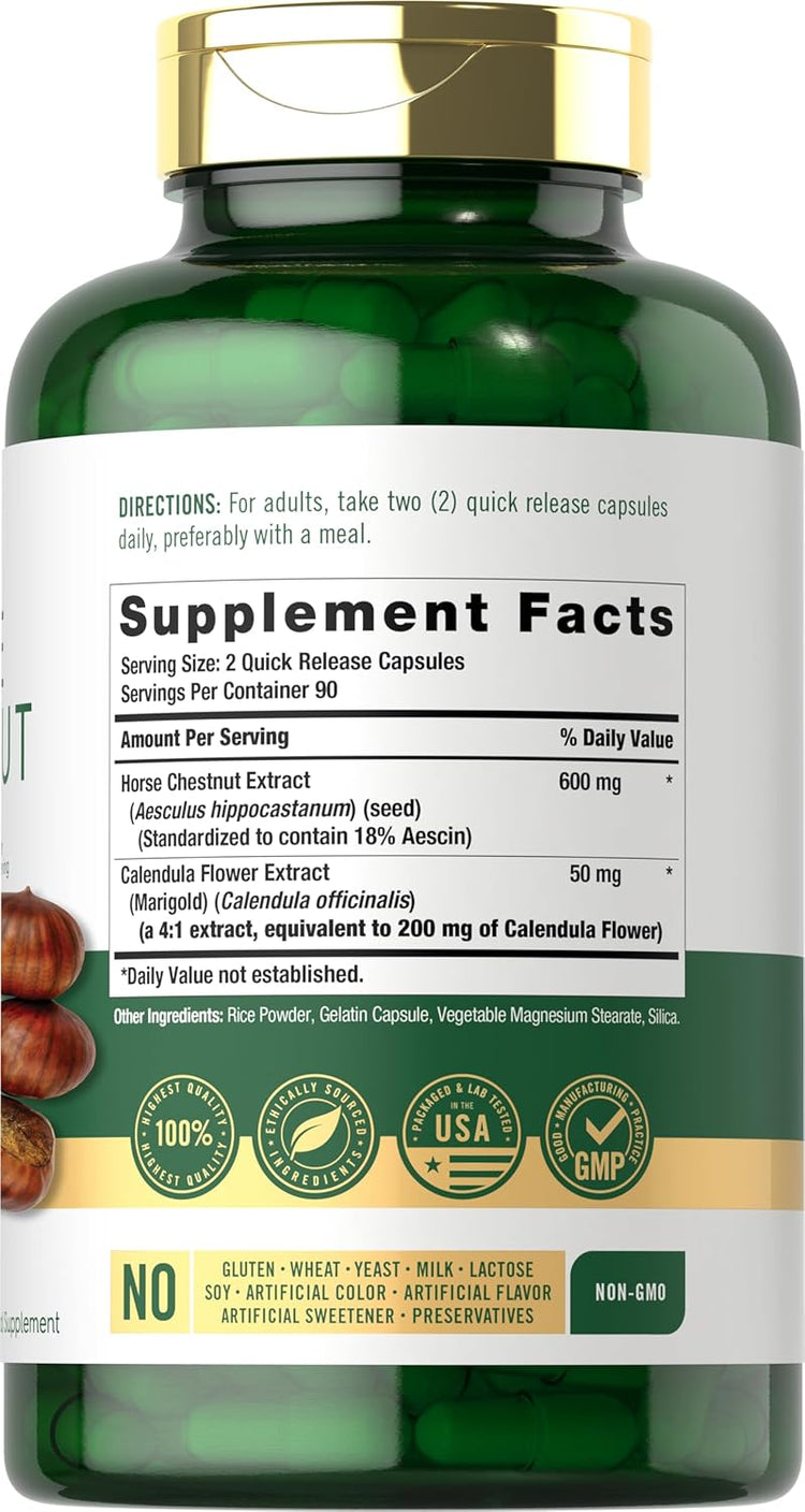 Image of the supplement facts panel for Horse Chestnut Stand Ext 300mg, available in a bottle of 180 capsules.