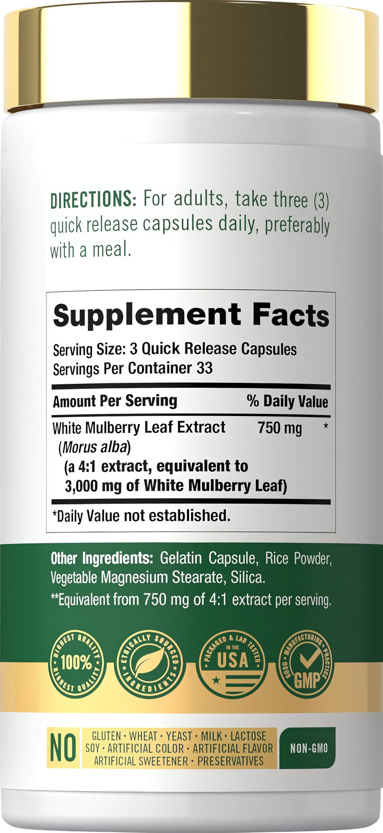 Carlyle Mulberry Leaf 3000mg, 100 Quick Release Capsules. Each serving of 3 capsules offers 750mg 4:1 extract. Non-GMO.