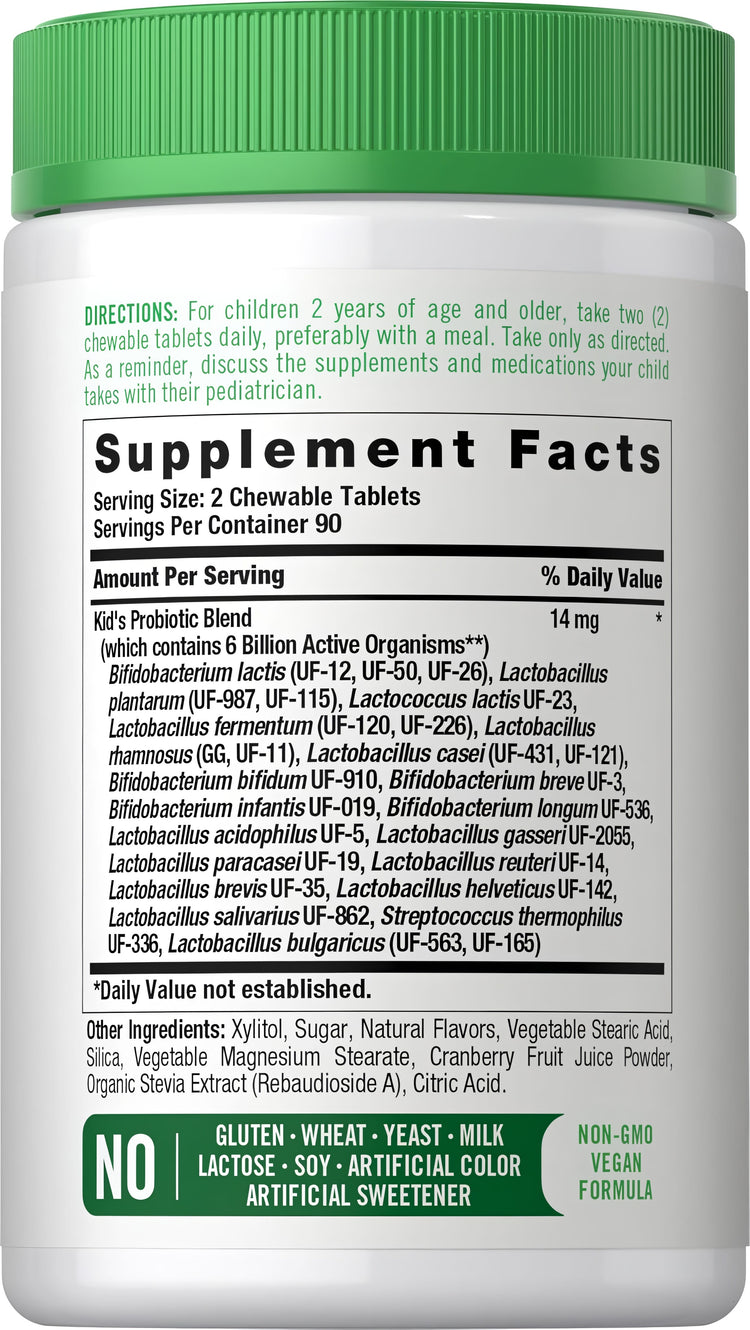 Supplement Facts panel for Child Probi Chew 6 Billion, 180 Chewable Tablets, showing nutritional information and ingredients.