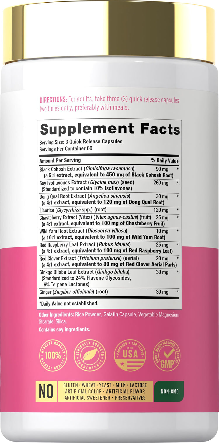 Supplement Facts for Carlyle Menopause Support, 180 capsules.