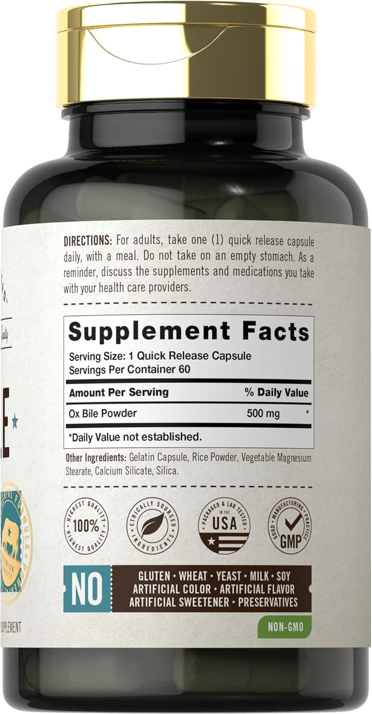 Carlyle Ox Bile 500 mg bottle contains 60 quick release capsules, ideal for digestive health.