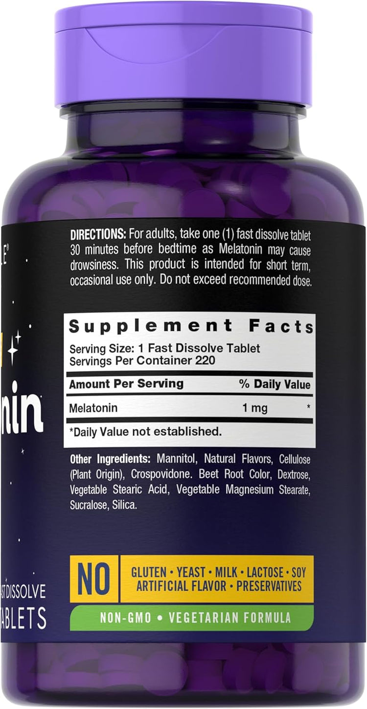 Carlyle Melatonin 1 mg fast dissolve tablets, offering 220 servings in one bottle.