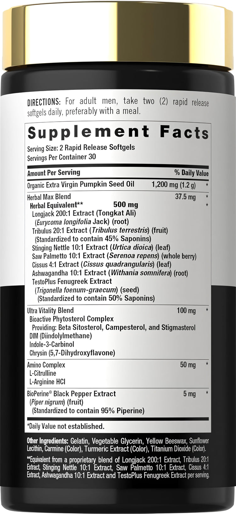 Supplement Facts panel displaying details for Carlyle Testosterone Power 60 Softgels.